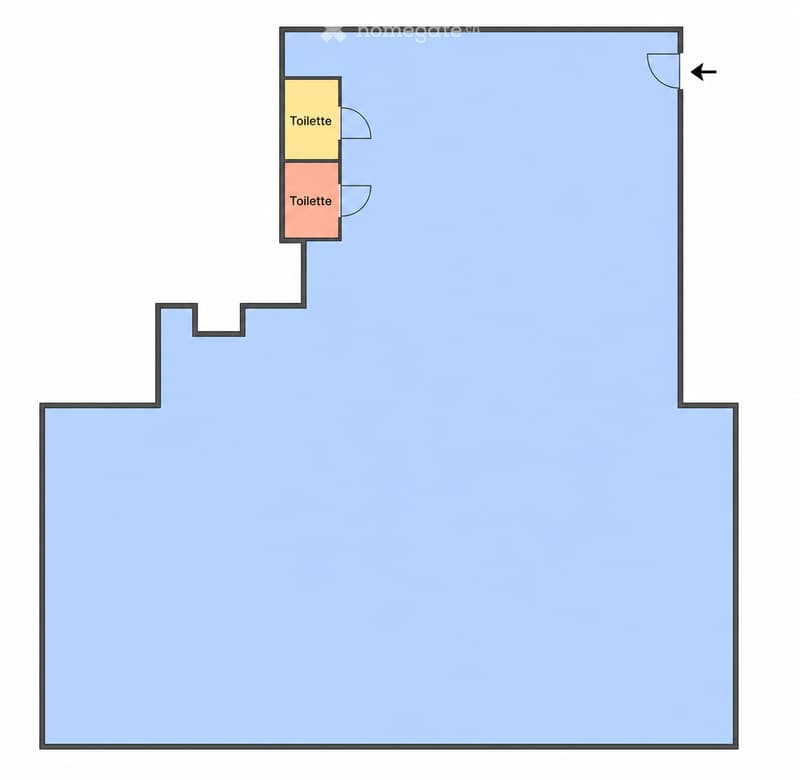 Floor plan showing a large open space with two small toilette rooms attached to one side.