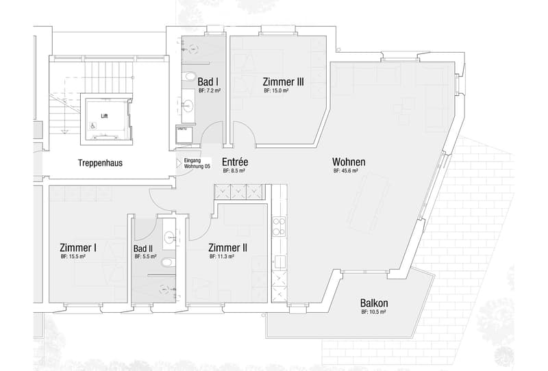 Floor plan of a residential unit with a living area, three bedrooms, two bathrooms, an entrance, a staircase, and a balcony.