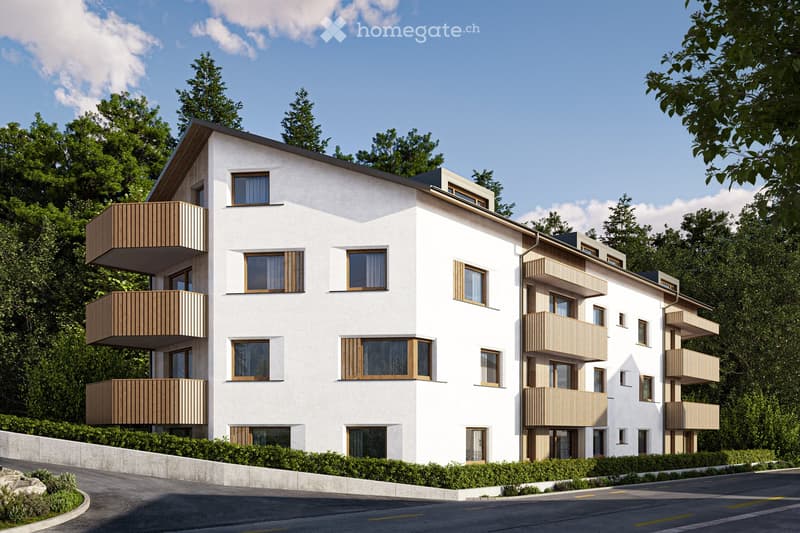 Modern multi-story residential building with white facade, wooden balconies, large windows, and surrounded by greenery.