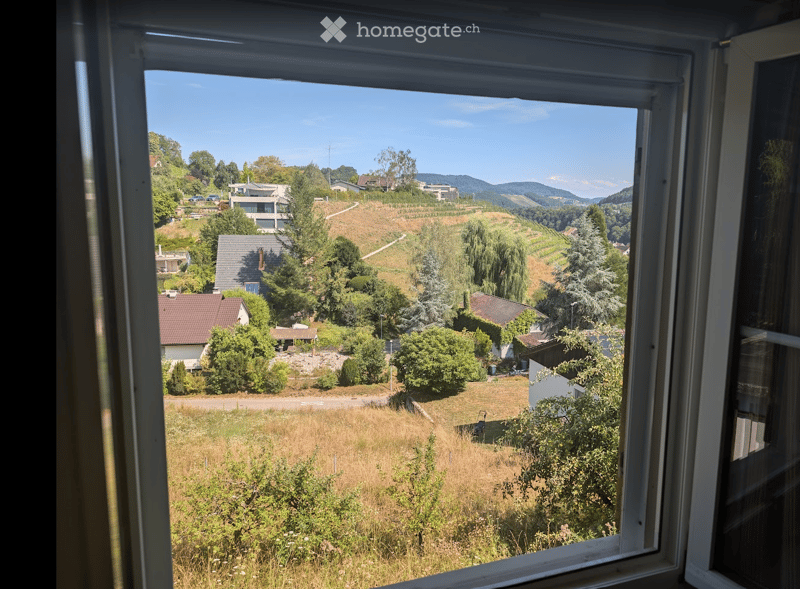 View from a window showing a scenic countryside with houses, trees, and rolling hills under a clear blue sky.