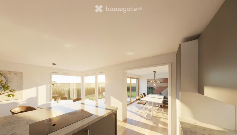 Modern kitchen with an island, induction cooktop, pendant lights, and a dining area with a table and chairs. Large windows offer a view of the outdoor space.