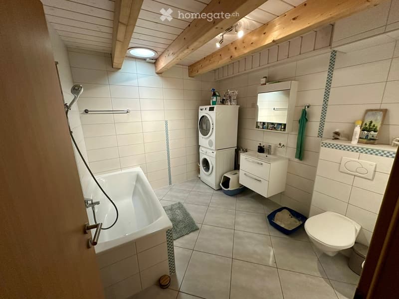 Bathroom with a bathtub, toilet, sink, mirror, washing machine, and cat litter box. The room features white tiled walls and a wooden ceiling with exposed beams.