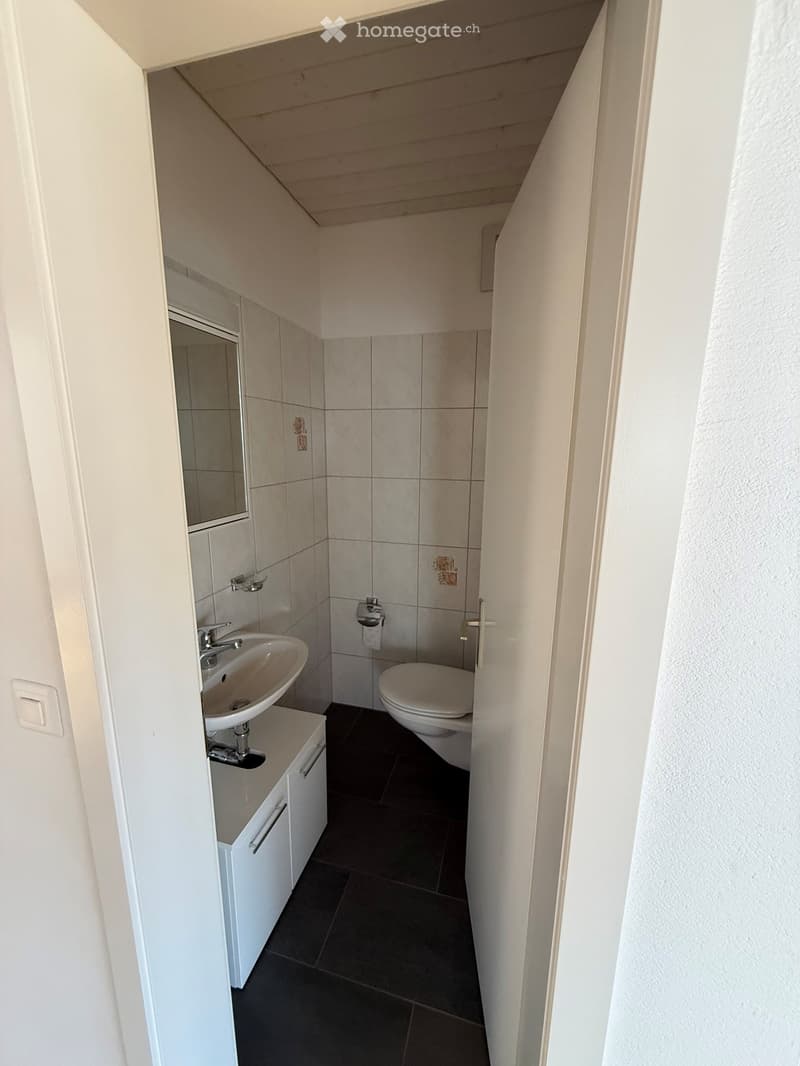 Modern bathroom with a white sink, toilet, mirror, and cabinet. The walls are tiled in light beige, and the floor is dark grey.