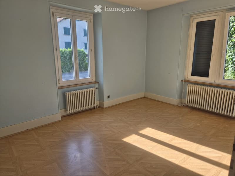Empty room with wooden parquet flooring, light blue walls, two radiators, and large windows with shutters. The room is completely unfurnished.