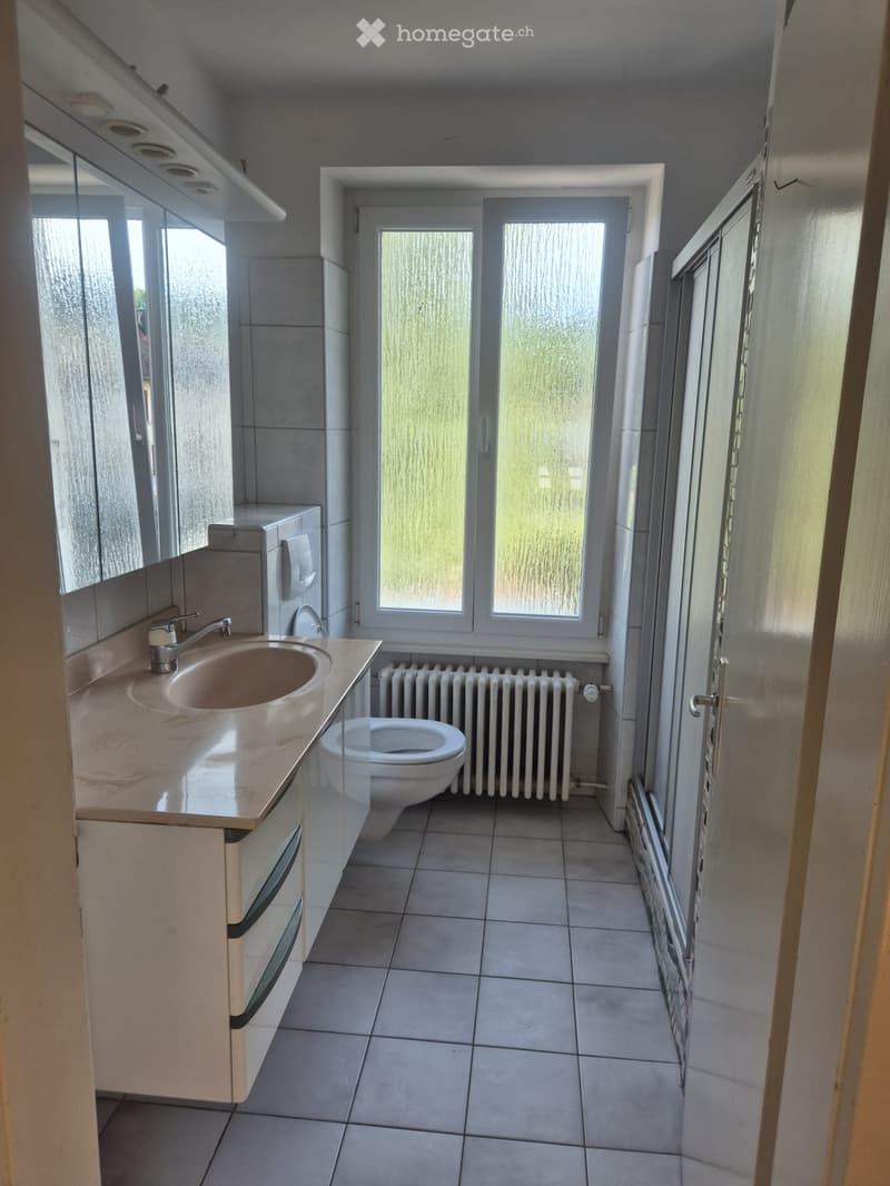 Modern bathroom with a sink, toilet, radiator, and large mirror. The space features tiled floors and walls, with a window providing natural light.