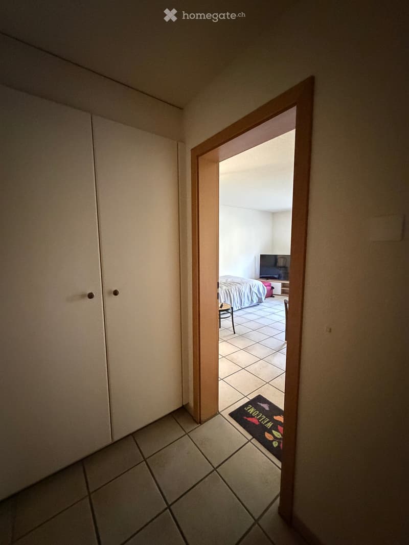 A narrow hallway with tiled flooring, leading to a bedroom with a bed, TV, and a small table. A colorful doormat is placed at the entrance to the bedroom.