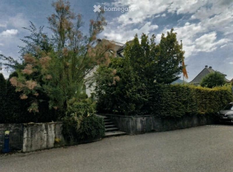 A gravel driveway leads to a house, bordered by a low stone wall and lush greenery, including trees and shrubs. A parked car is visible on the right side.