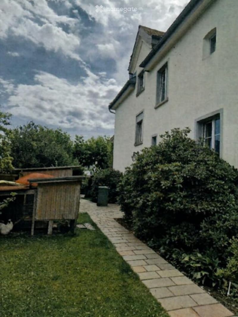 Garden area with a paved pathway leading to a white house, featuring a wooden shed, a small grassy area, and some bushes.
