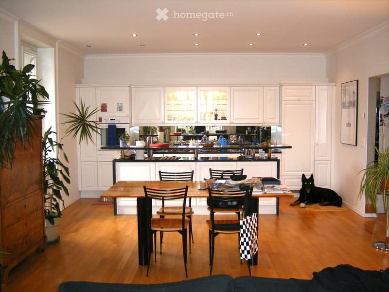 Open-plan kitchen and dining area with white cabinets, a wooden dining table, chairs, and a black dog resting on a mat.