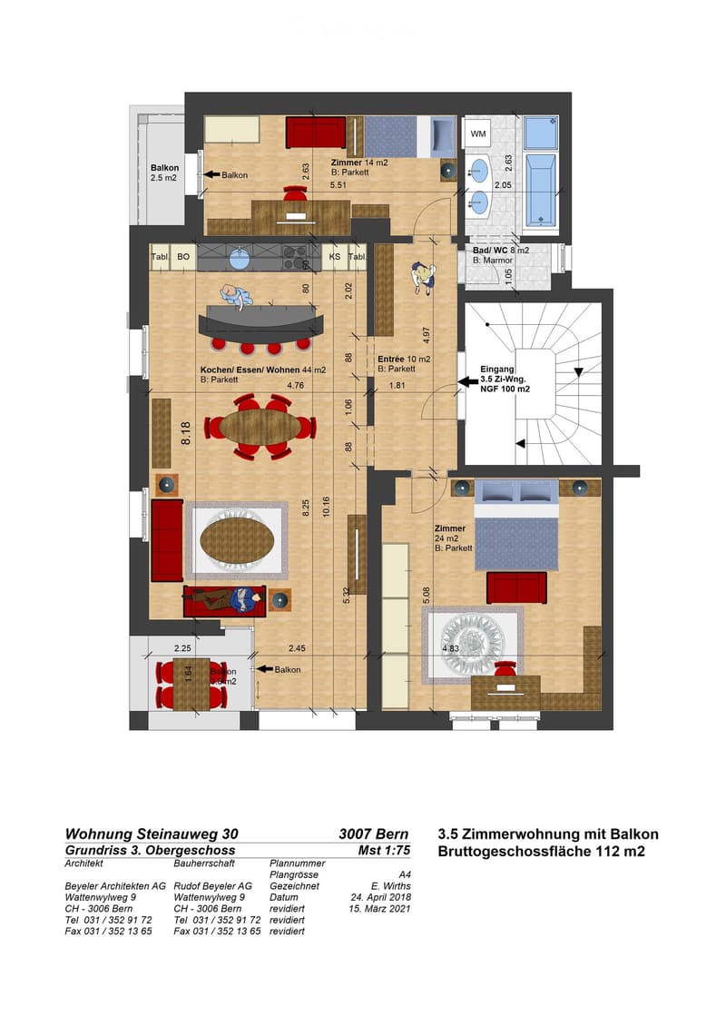 Floor plan of a 3.5-room apartment with a balcony, including a kitchen/dining/living area, bedroom, bathroom, and entrance area.
