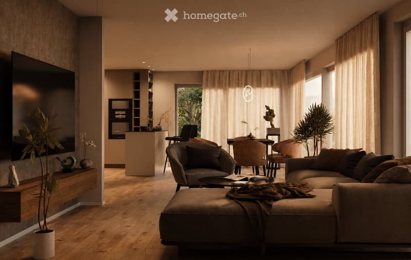 Modern living room with a large sectional sofa, coffee table, armchairs, and a TV screen. The space features wooden flooring, large windows with curtains, and decorative plants.