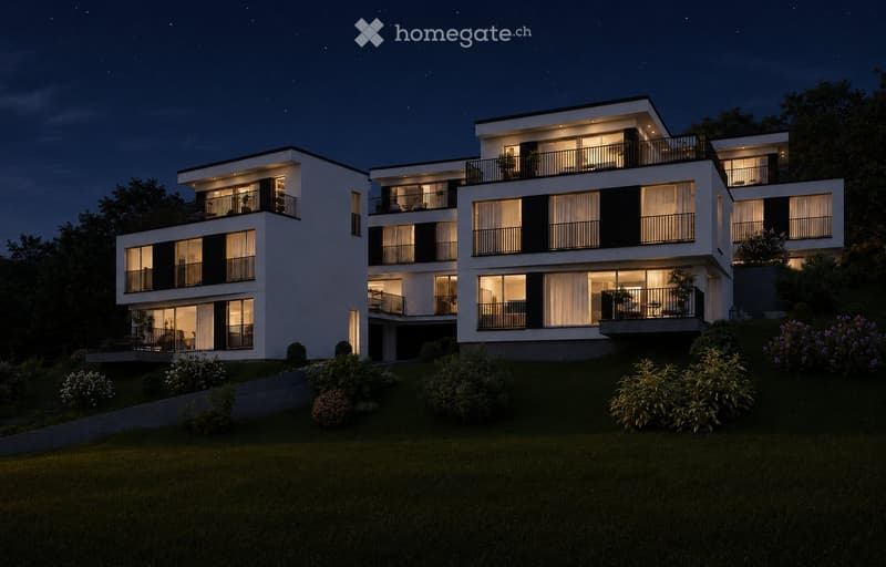Modern three-story house with white exterior, black accents, multiple balconies, and well-lit windows. The house is surrounded by a landscaped garden with shrubs and trees.