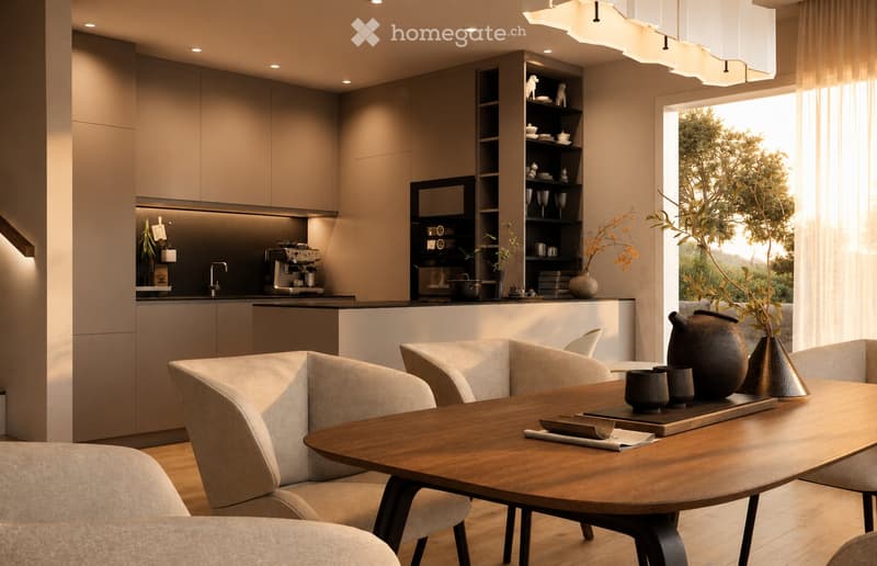 Modern kitchen and dining area with sleek cabinets, a wooden dining table, and contemporary chairs. The kitchen features a coffee machine, a faucet, and decorative vases on the shelves.