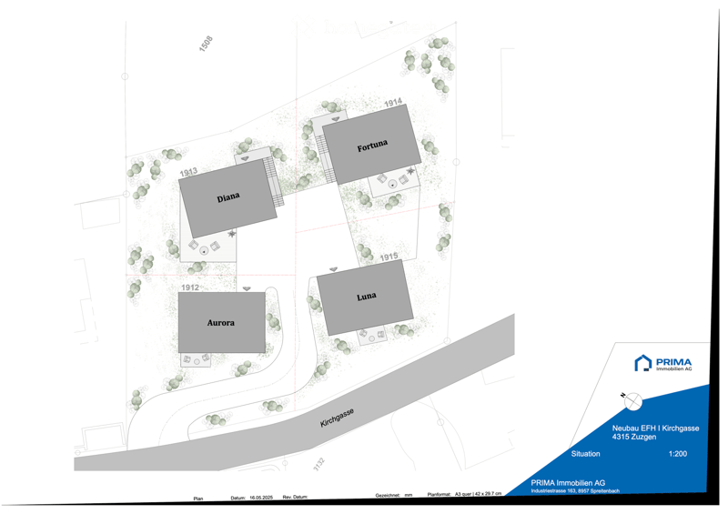 Floor plan of a residential area with four buildings named Diana, Fortuna, Luna, and Aurora, each with a number and a small icon, surrounded by trees and a road.