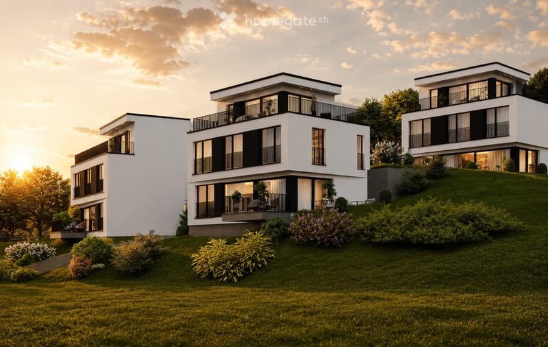Modern three-story house with white exterior, black accents, large windows, balconies, and landscaped garden.