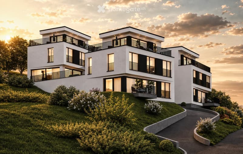 Modern two-story house with white exterior, black accents, multiple balconies, and large windows. The house is situated on a grassy hillside with a curved pathway leading to the entrance.