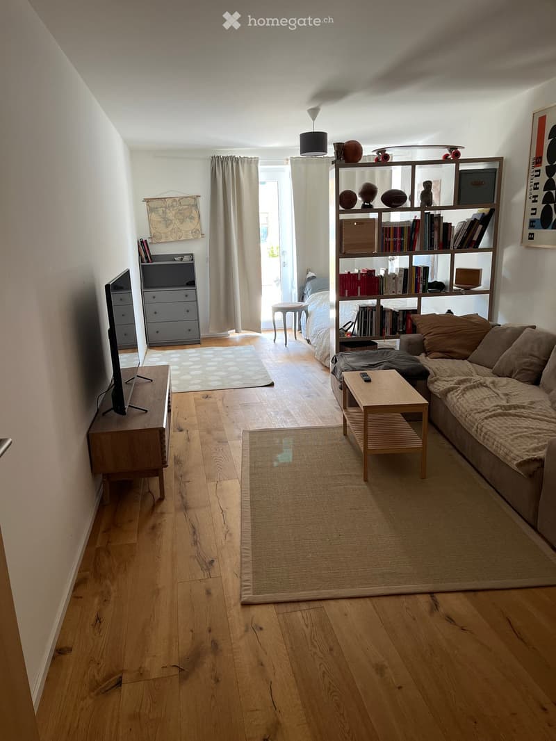 A modern living room with a sofa, coffee table, television, bookshelf, and a small bed area visible through an open doorway.