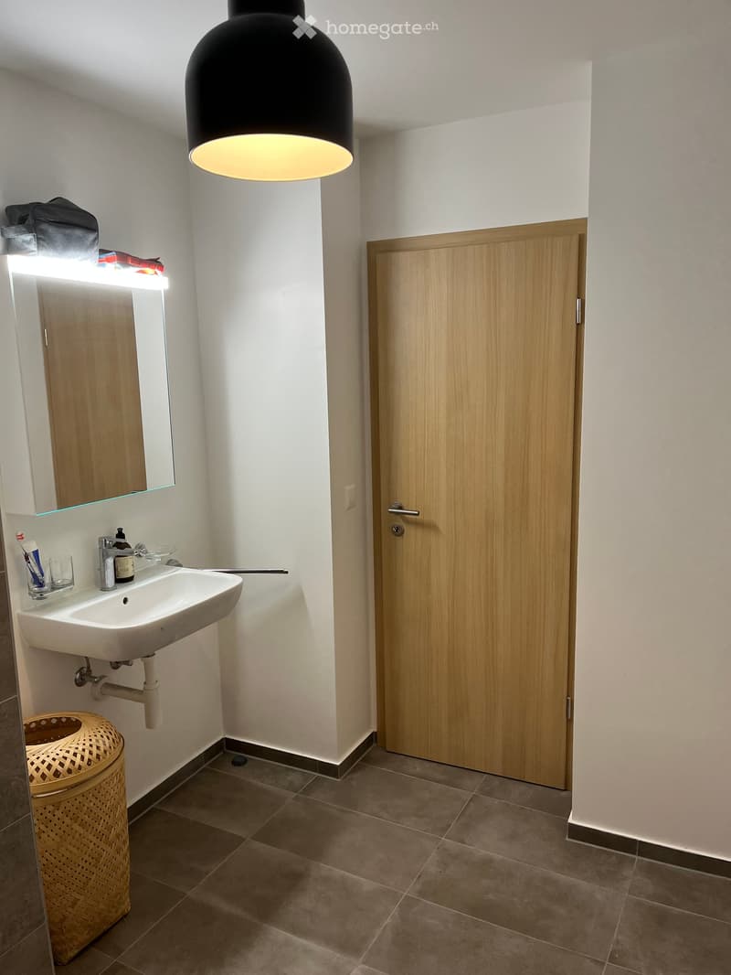 Modern bathroom with a white sink, mirror, and wooden door. Includes a wicker basket and a black pendant light fixture.