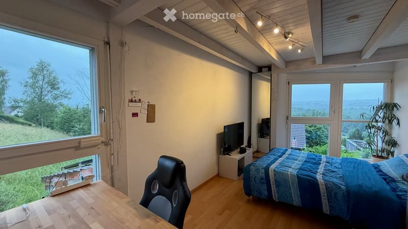 Bright bedroom with wooden flooring, large windows offering scenic views, a bed with blue bedding, a chair, a small table, and a screen on a stand.