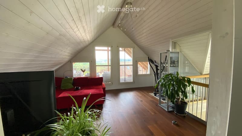 Bright living room with wooden floors, slanted wooden ceiling, large windows, red sofa, potted plants, exercise bike, and a TV screen.