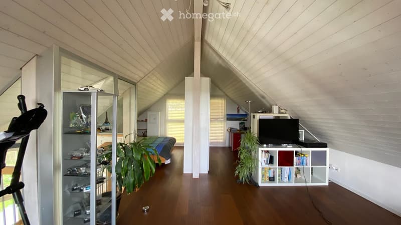 A spacious, well-lit attic room with wooden floors and slanted ceilings. Features include a bed, a small table and chair, a potted plant, a shelf with books and decorative items, a television on a stand, and an exercise bike near the window.