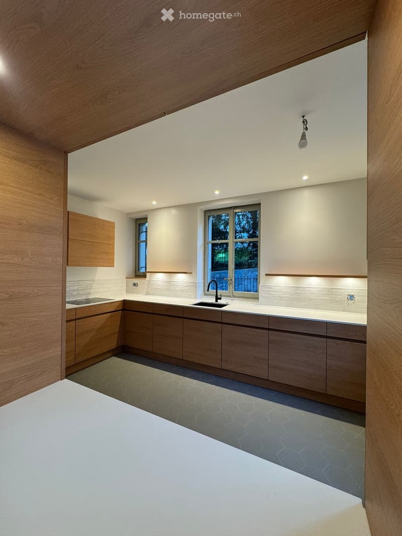 modern kitchen with wooden cabinets, white countertops, white subway tiles, hexagonal floor tiles, double sinks, faucet, windows, and recessed lighting