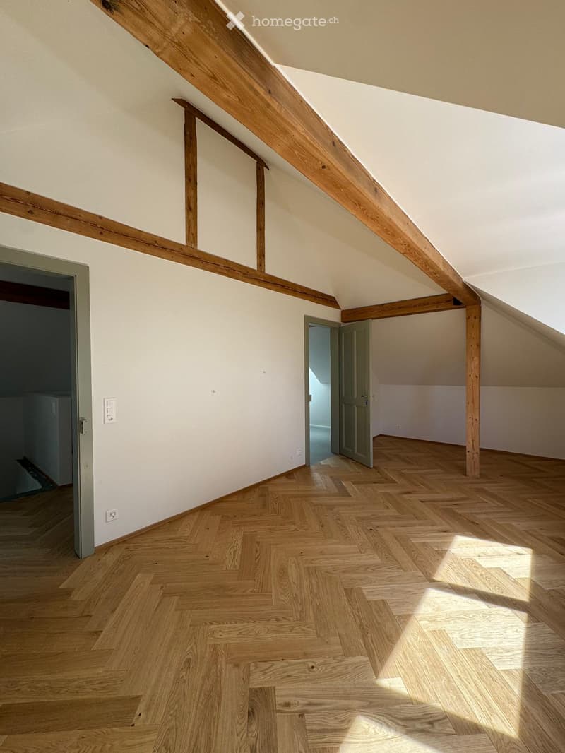 wooden beams, parquet floor, light from skylight, open doors