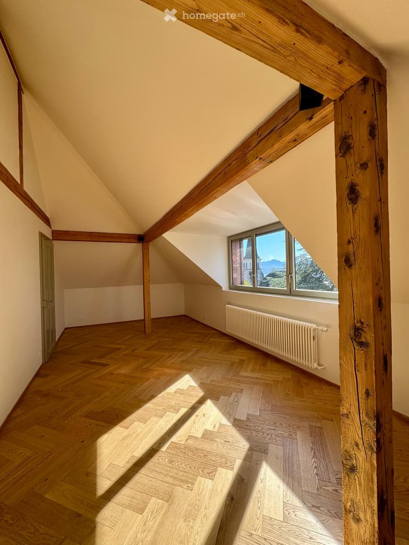 wooden floor, wooden beams, window, view
