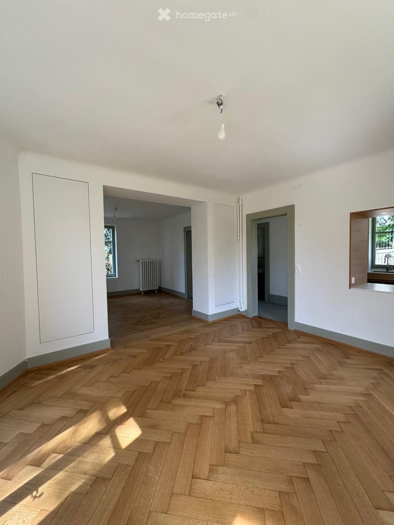 empty room, wooden parquet flooring, white walls, a radiator, a ceiling lamp
