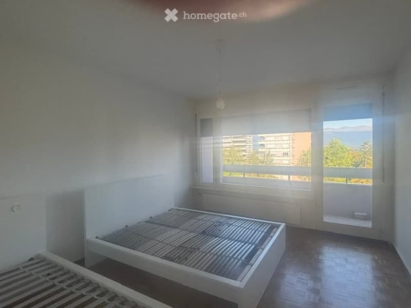 Minimalist bedroom with a single bed, large windows offering a view, and wooden flooring.