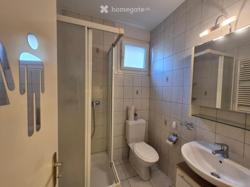 Modern bathroom with tiled walls and floor, featuring a toilet, sink, mirror, and a glass-enclosed shower area.