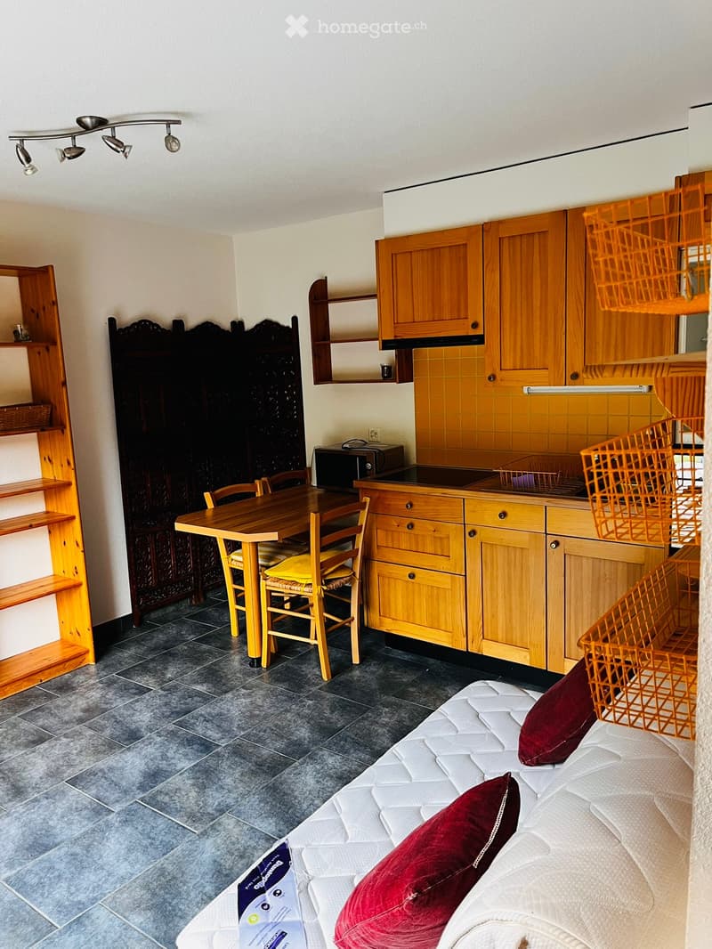 A cozy, well-furnished room with a sofa, dining table, chairs, wooden cabinets, and shelves. The room features a tiled floor and warm lighting.