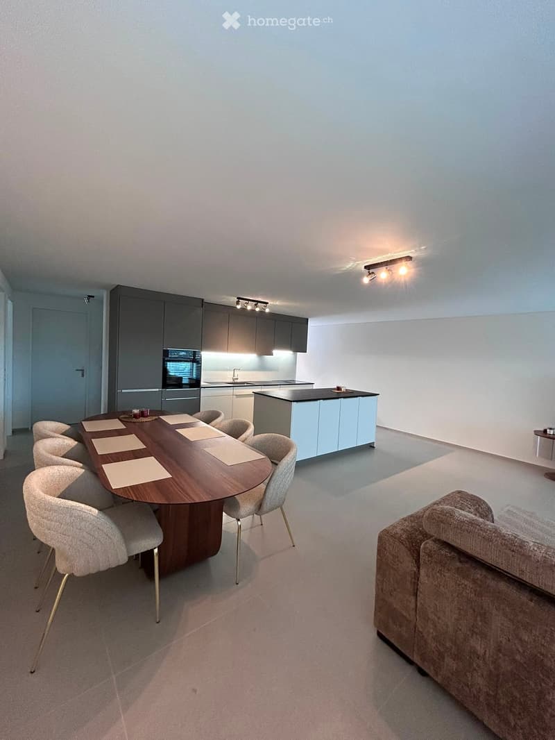 Modern open-plan living and dining area with a sofa, dining table with chairs, and a kitchen island with cabinets.