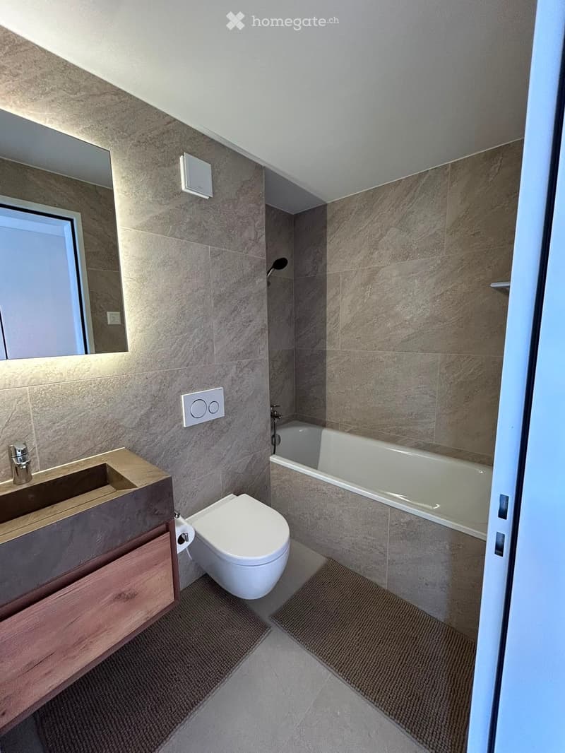 Modern bathroom with a sleek sink, toilet, bathtub, and mirror. The walls are tiled in a marble-like pattern, and the floor is covered with a textured rug.