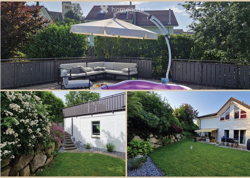 Four images showing a modern outdoor patio with a sectional sofa, sun umbrella, and small pool, along with a house exterior featuring a raised ground floor, balcony, and well-maintained garden.