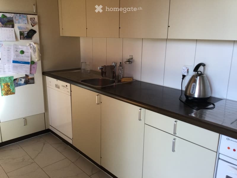 Modern kitchen with light-colored cabinets, black countertop, stainless steel sink, electric kettle, and various small appliances.