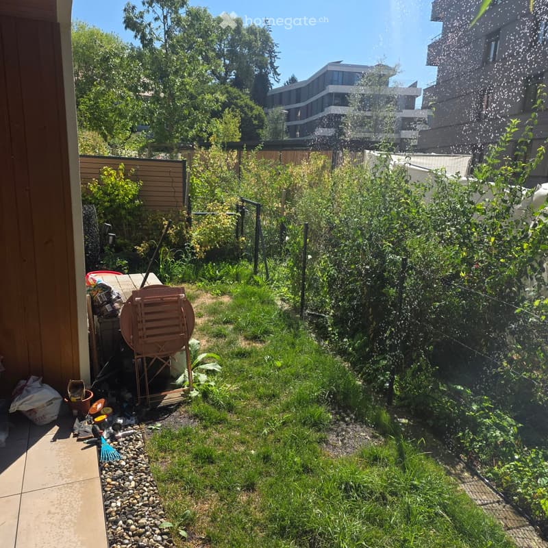 Garden area with lush greenery, a wooden fence, a small table with chairs, and a spray of water in the air.