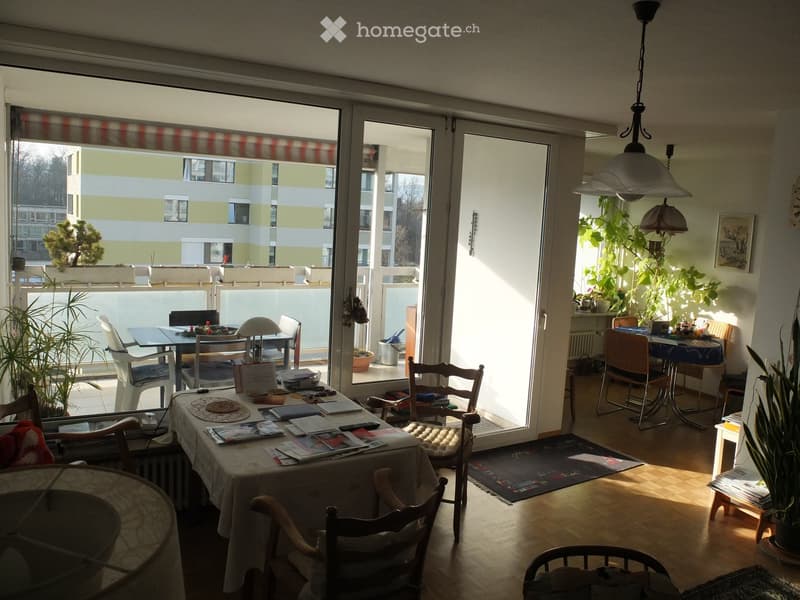 Bright living room with large windows and a balcony, featuring a dining table, chairs, a lamp, and plants.