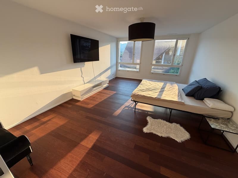 Bright bedroom with wooden flooring, a bed with pillows and blankets, a white shaggy rug, a black chair, a small table, and a mounted TV screen.