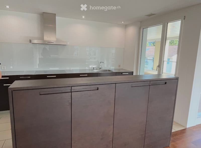 Modern kitchen with grey cabinets, stainless steel sink, and range hood. Large windows provide natural light.