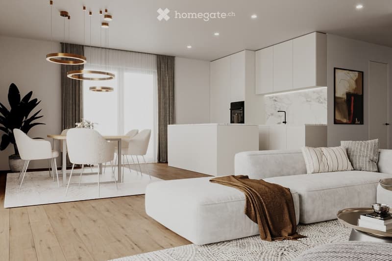 Living room with modern design, white walls, wooden floors, contemporary furniture, chandeliers, large windows, dining table and chairs, and white sofa with pillows