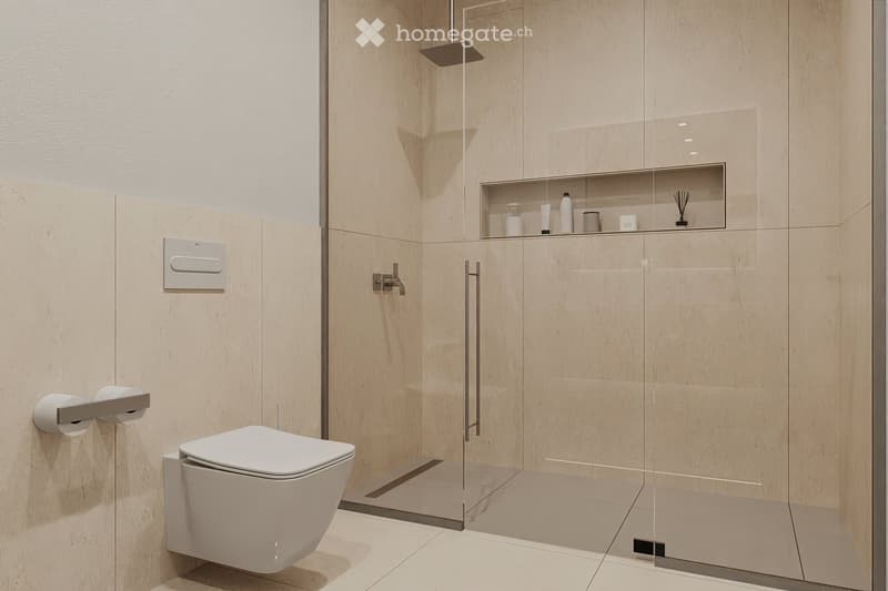 contemporary bathroom with minimalist decor, white floor tiles, built-in toilet, large walk-in shower, glass shower door, modern faucet, wooden wall paneling