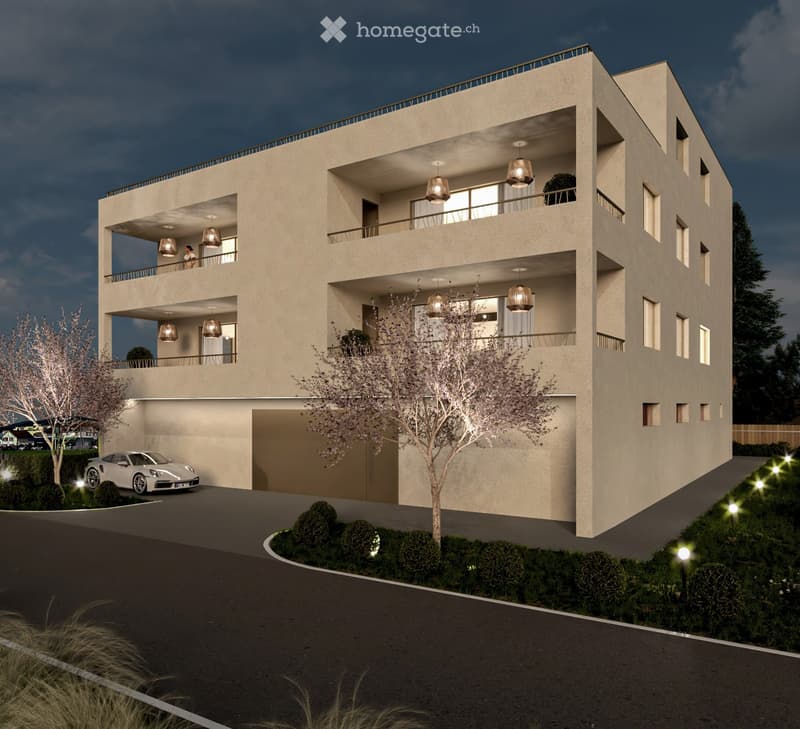 3 story apartment building, car parked in front of the building, balconies on each floor, garage in the left