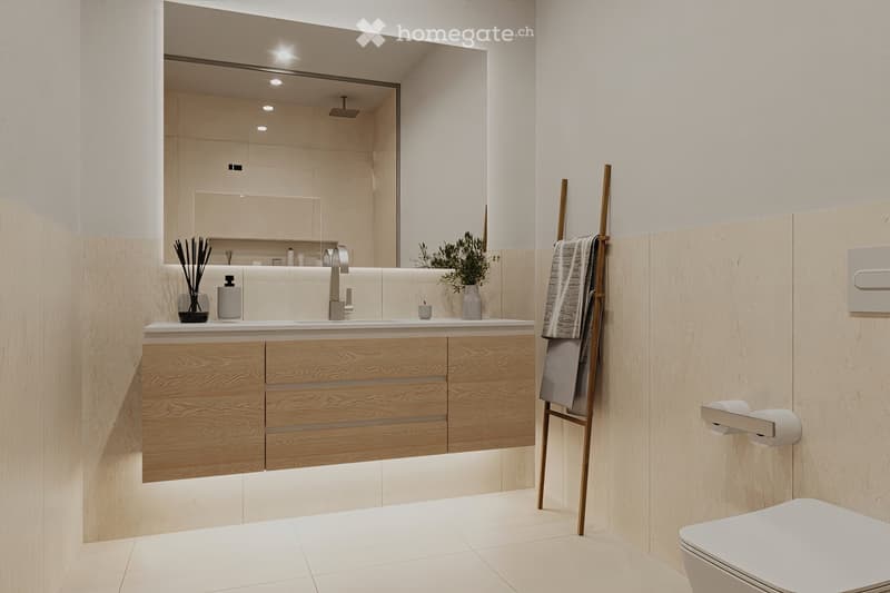 contemporary bathroom with white walls, wooden cabinet with drawers, white marble countertops, white toilet, modern shower area, potted plant, large mirror