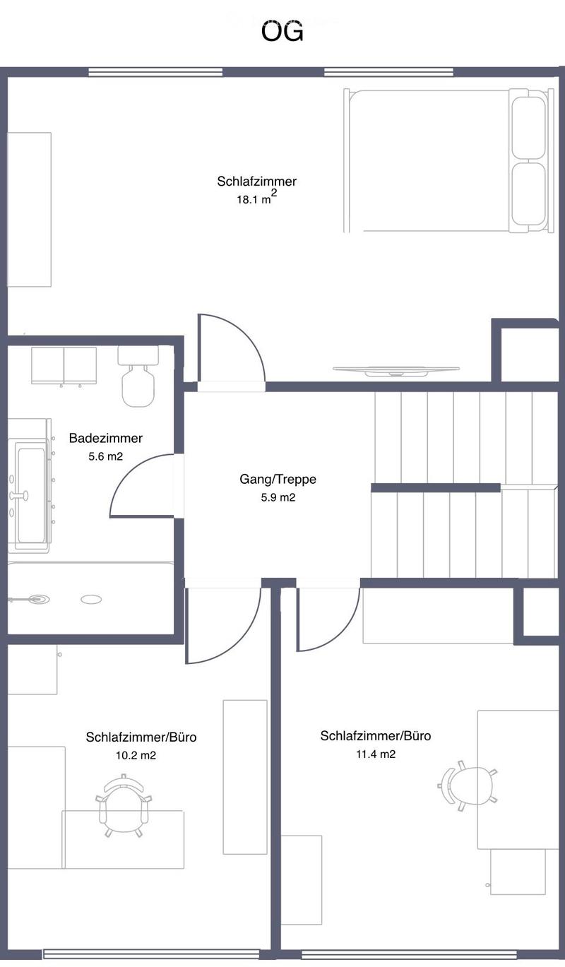 Floor plan of a residential space with labeled rooms: Schlafzimmer (bedroom), Badezimmer (bathroom), Gang/Treppe (hallway/stairs), and Schlafzimmer/Büro (bedroom/office).