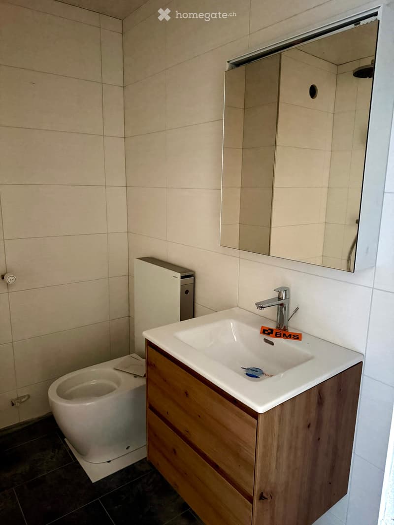 Modern bathroom with a white sink, wooden cabinet, mirror, and toilet. The sink has a chrome faucet, and the walls are tiled in light beige.
