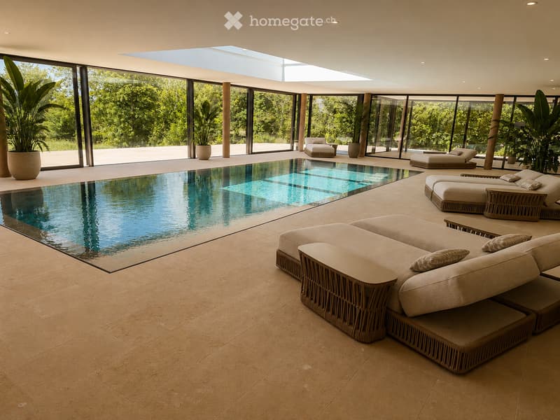 Modern indoor-outdoor lounge area with a swimming pool, large windows offering a lush green view, and comfortable seating including sofas, tables, and chairs.