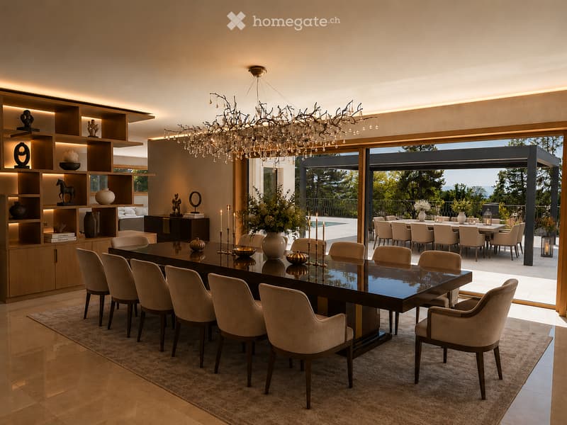 Elegant dining room with a long dark wooden dining table surrounded by beige upholstered chairs, a large chandelier, and decorative items on shelves. The room features a view of an outdoor dining area through large glass doors.
