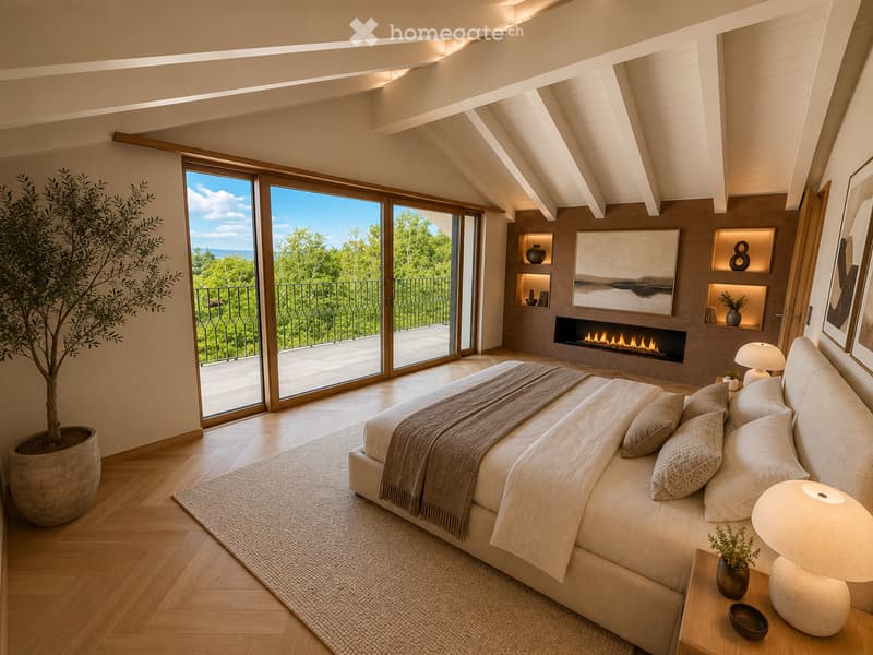 Modern bedroom with a large bed, fireplace, nightstand, lamp, and large windows opening to a balcony with a scenic view.