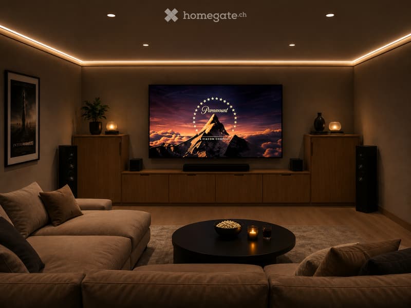Modern living room with a large flat-screen TV displaying a movie, a comfortable sectional sofa, a round coffee table with snacks and drinks, and ambient lighting.